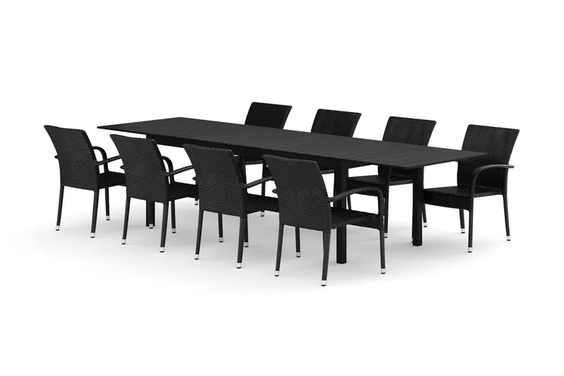 Tunis jatkettava ulkoruokailuryhmä 205/305x90 cm, 8 Thor Light -ulkokäsinojatuolia - Musta/Musta - Puutarhakalusteet - Ulkoryhmä - Ruokailuryhmät ulos