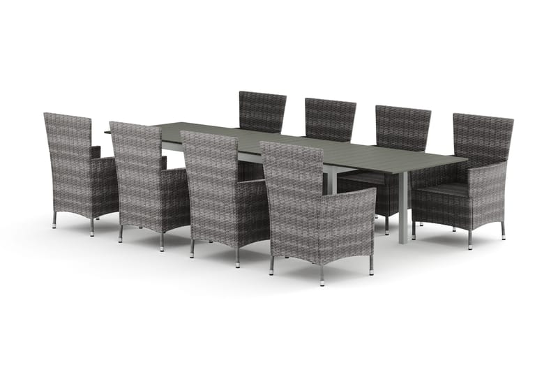 Tunis jatkettava ulkoruokailuryhmä 205/305x90 cm, 8 Thor-ulkokäsinojatuolia, Valkoinen/Harmaa