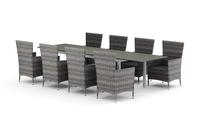 Tunis jatkettava ulkoruokailuryhmä 205/305x90 cm, 8 Thor-ulkokäsinojatuolia, Valkoinen/Harmaa