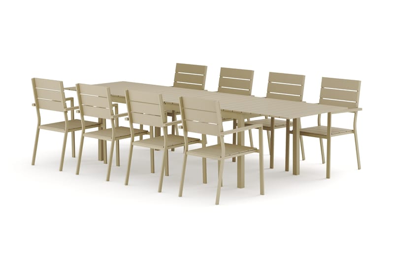 Tunis jatkettava ulkoruokailuryhmä 205/305x90 cm, 8 Tunis-pinotuolia, Beige/Beige
