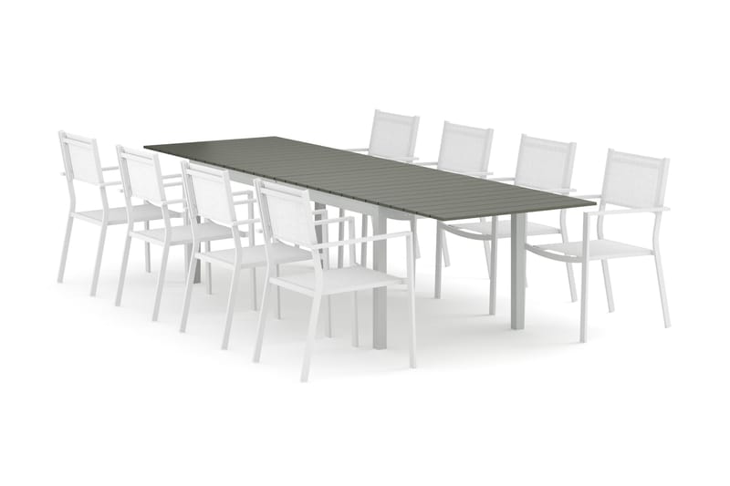 Tunis jatkettava ulkoruokailuryhmä 205/305x90 cm, 8 pinottavaa Tunis-tuolia, Valkoinen/Harmaa