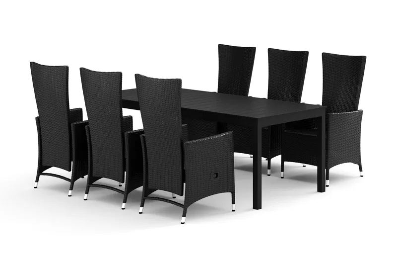 Tunis-ulkokäyttöön jatkettava ruokailuryhmä 205/305x90 cm, 6 Jenny-ruokatuolilla - Musta/Musta - Puutarhakalusteet - Ulkoryhmä - Ruokailuryhmät ulos