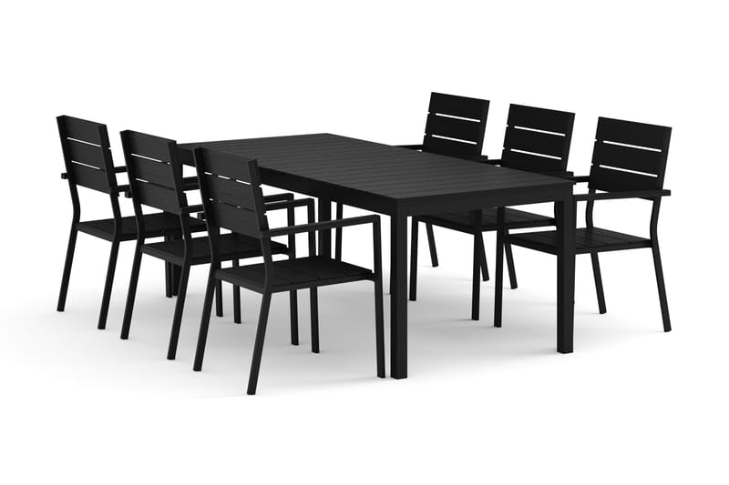 Tunis ulkokäyttöön jatkettava ruokailuryhmä 205/305x90 cm, 6 Tunis-pinottavalla tuolilla, Musta/Musta
