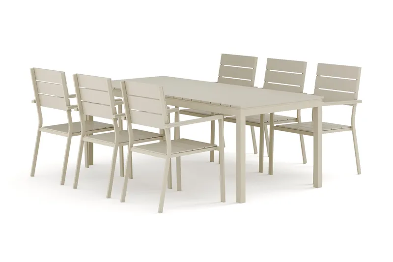 Tunis ulkokäyttöön jatkettava ruokailuryhmä 205/305x90 cm, 6 Tunis-pinottavalla tuolilla, Beige/Beige