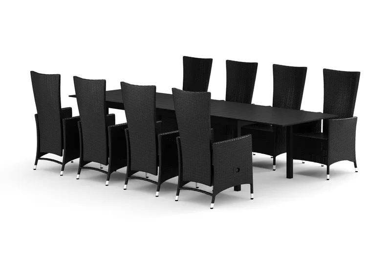 Tunis-ulkokäyttöön jatkettava ruokailuryhmä 205/305x90 cm, 8 Jenny-ruokatuolilla, Musta/Musta