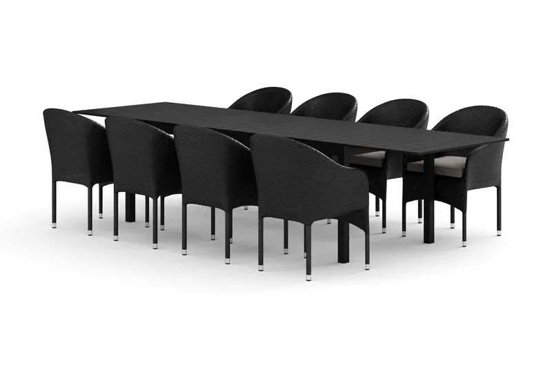Tunis ulkokäyttöön jatkettava ruokailuryhmä 205/305x90 cm, 8 Thor-nojatuolilla, Musta/Musta