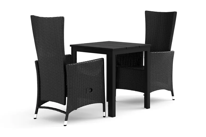 Tunis ulkokäyttöön kahvilasetti 70x70 cm, 2 Jenny-ruokatuolilla, Musta/Musta