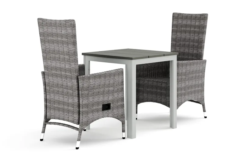 Tunis-ulkokäyttöön kahvilasetti 70x70 cm, 2 Jenny-ruokatuolilla - Valkoinen/Harmaa - Puutarhakalusteet - Ulkoryhmä - Ruokailuryhmät ulos