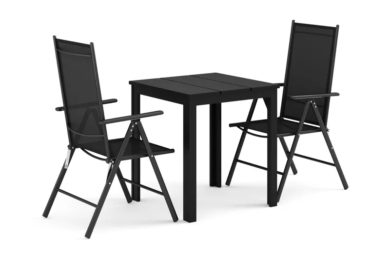 Tunis-ulkokäyttöön kahvilasetti 70x70 cm, 2 Maggie-säätötuolilla, Musta/Musta