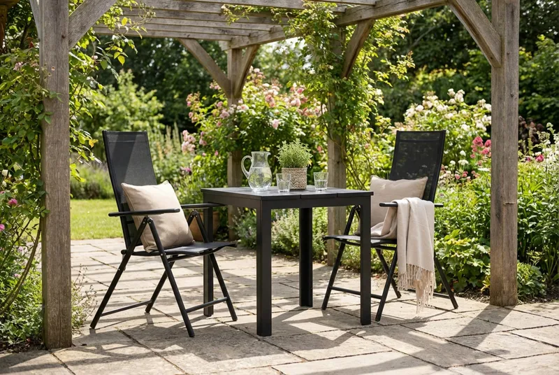 Tunis ulkokäyttöön kahvilasetti 70x70 cm, 2 Sanna-säätötuolilla - Musta/Musta - Puutarhakalusteet - Parveke - Parvekekalusteet - Parvekesetti