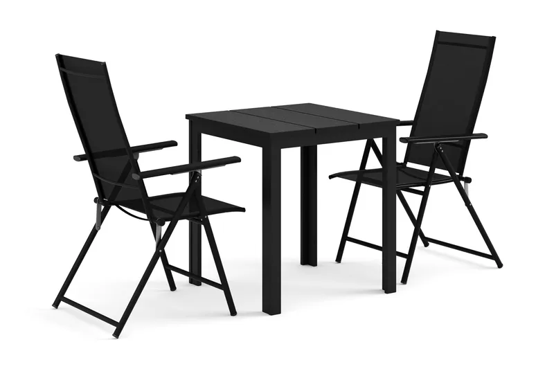 Tunis ulkokäyttöön kahvilasetti 70x70 cm, 2 Sanna-säätötuolilla, Musta/Musta