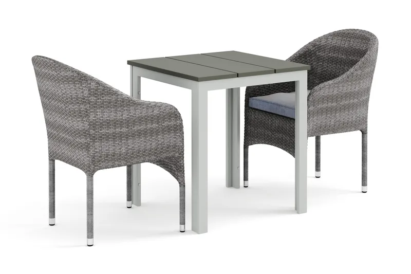 Tunis ulkokäyttöön kahvilasetti 70x70 cm, 2 Thor-nojatuolilla, Valkoinen/Harmaa