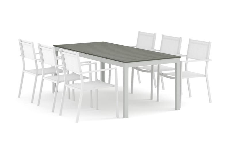 Tunis ulkokäyttöön ruokailuryhmä, jatkettava 205/305x90 cm, mukana 6 Tunis pinottavaa tuolia - Valkoinen/Harmaa - Puutarhakalusteet - Ulkoryhmä - Ruokailuryhmät ulos