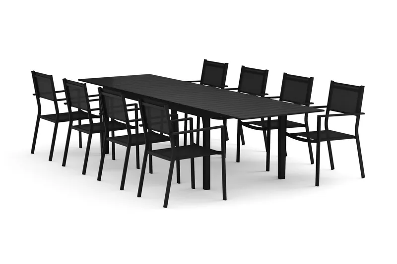 Tunis ulkokäyttöön ruokailuryhmä, jatkettava 205/305x90 cm, mukana 8 Tunis pinottavaa tuolia, Musta/Musta