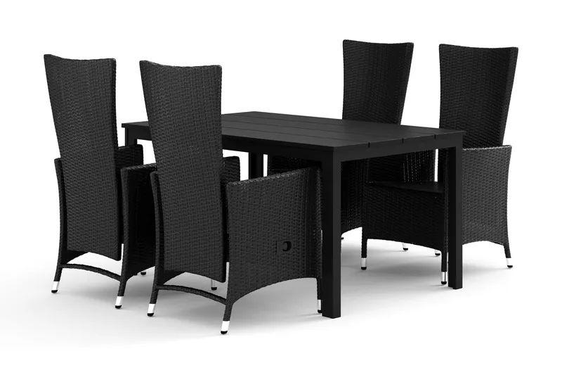 Tunis ulkokäyttöön ruokailuryhmä 140x90 cm, 4 Jenny-ruokatuolilla, Musta/Musta