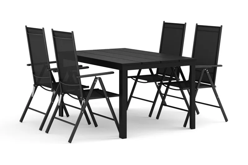 Tunis ulkokäyttöön ruokailuryhmä 140x90 cm, 4 Maggie-säätötuolilla, Musta/Musta