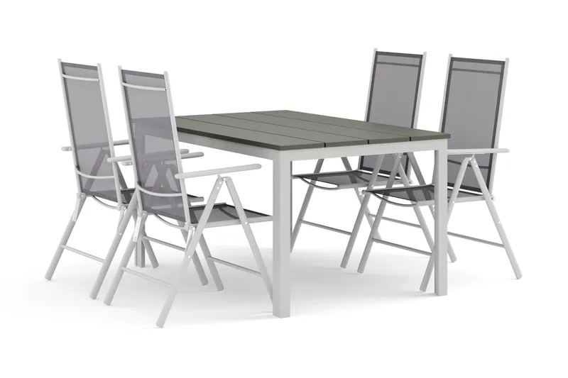 Tunis ulkokäyttöön ruokailuryhmä 140x90 cm, 4 Maggie-säätötuolilla, Valkoinen/Harmaa