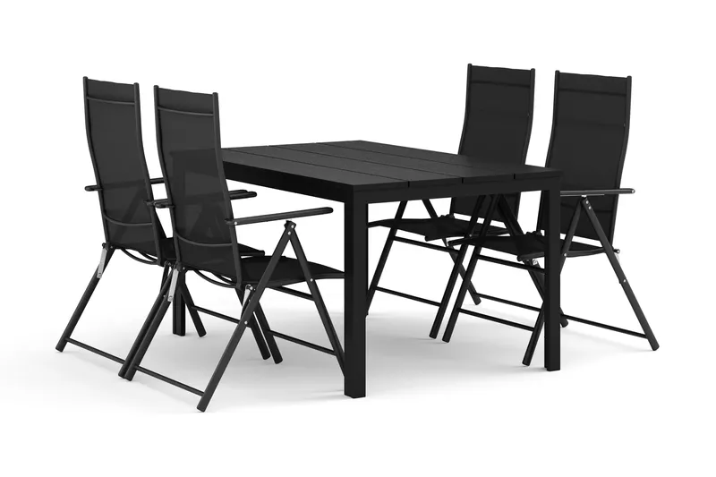 Tunis-ulkokäyttöön ruokailuryhmä 140x90 cm, 4 säätötuolilla, Musta/Musta