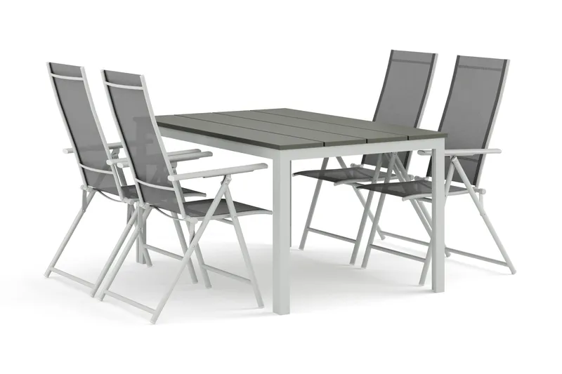 Tunis ulkokäyttöön ruokailuryhmä 140x90 cm, 4 Sanna-säätötuolilla, Valkoinen/Harmaa