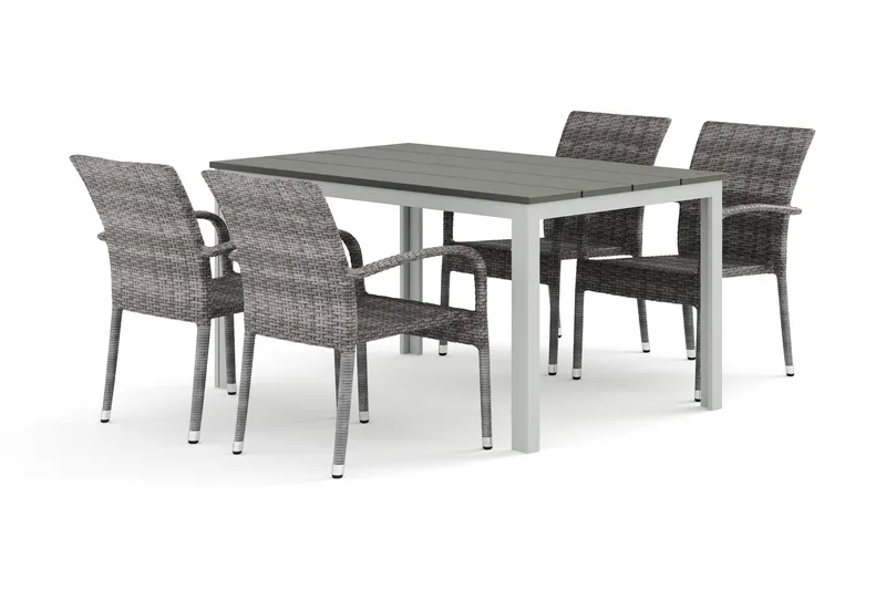 Tunis-ulkokäyttöön ruokailuryhmä 140x90 cm, 4 Thor Light -ulkonojatuolilla, Valkoinen/Harmaa