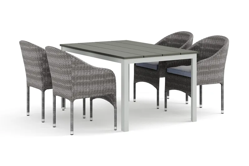 Tunis-ulkokäyttöön ruokailuryhmä 140x90 cm, 4 Thor-nojatuolilla - Valkoinen/Harmaa - Puutarhakalusteet - Ulkoryhmä - Ruokailuryhmät ulos