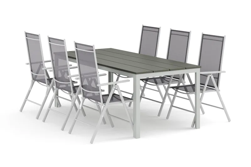 Tunis-ulkokäyttöön ruokailuryhmä 205x90 cm, 6 Maggie-säätötuolilla, Valkoinen/Harmaa