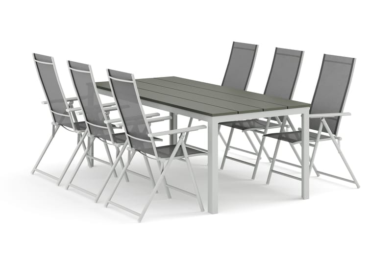 Tunis ulkokäyttöön ruokailuryhmä 205x90 cm, 6 Sanna-säätötuolilla, Valkoinen/Harmaa