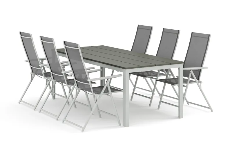 Tunis ulkokäyttöön ruokailuryhmä 205x90 cm, 6 Sanna-säätötuolilla, Valkoinen/Harmaa