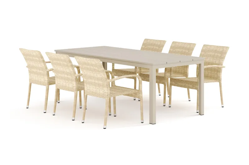 Tunis ulkokäyttöön ruokailuryhmä 205x90 cm, 6 Thor Light -ulkokäyttöön nojatuolilla - Beige/Beige - Puutarhakalusteet - Ulkoryhmä - Ruokailuryhmät ulos