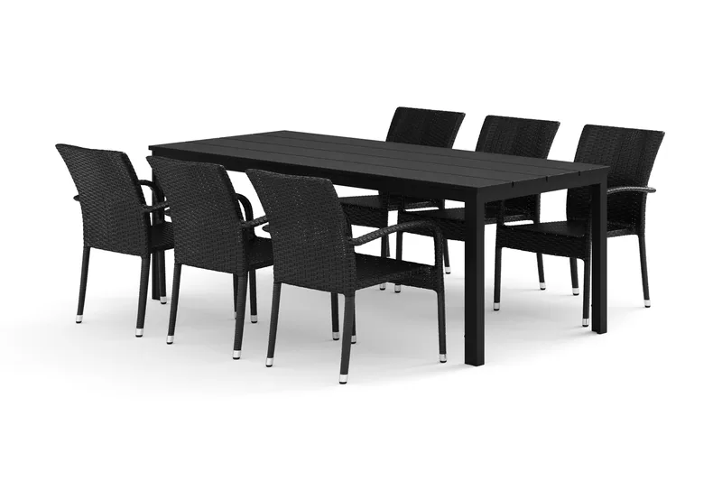 Tunis ulkokäyttöön ruokailuryhmä 205x90 cm, 6 Thor Light -ulkokäyttöön nojatuolilla - Musta/Musta - Puutarhakalusteet - Ulkoryhmä - Ruokailuryhmät ulos