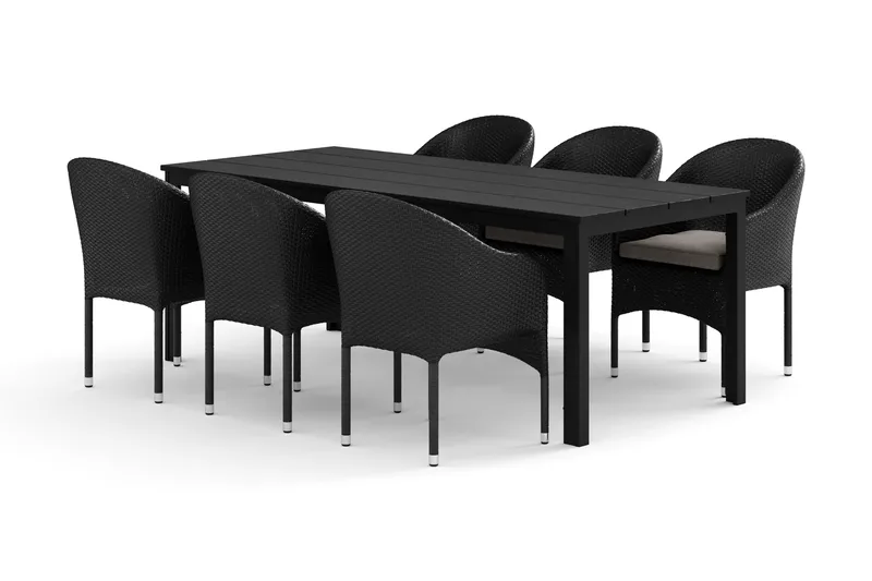 Tunis ulkokäyttöön ruokailuryhmä 205x90 cm, 6 Thor-nojatuolilla, Musta/Musta