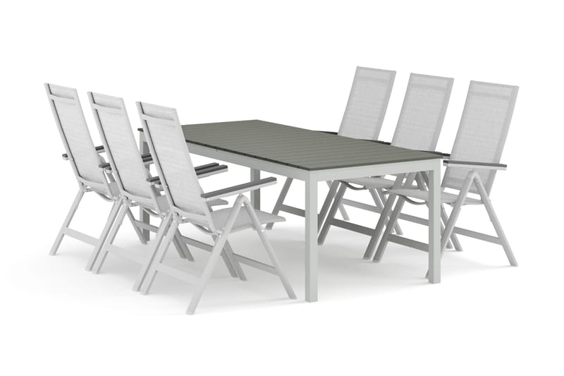 Tunis ulkokäyttöön tarkoitettu jatkettava ruokailuryhmä 205/305x90 cm, jossa 6 Monaco Light -säätötuolia, Valkoinen/Harmaa