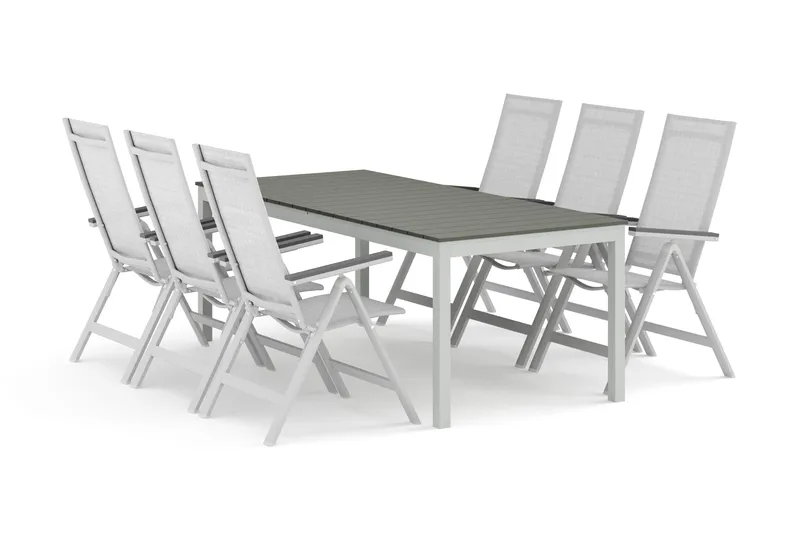Tunis ulkokäyttöön tarkoitettu jatkettava ruokailuryhmä 205/305x90 cm, jossa 6 Monaco Light -säätötuolia, Valkoinen/Harmaa
