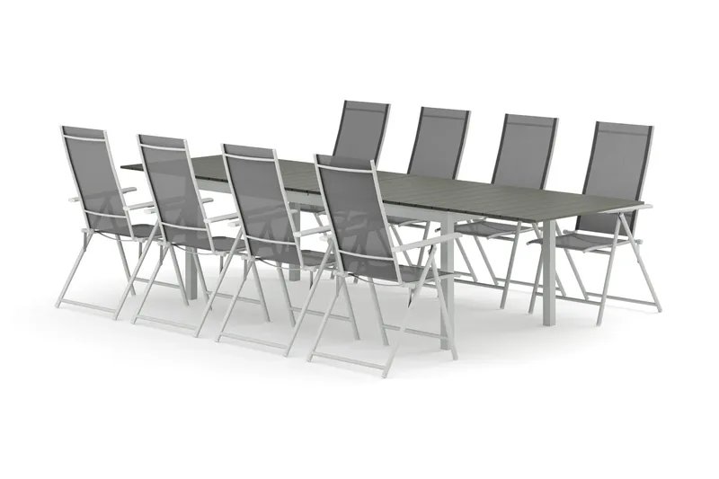Tunis ulkokäyttöön tarkoitettu jatkettava ruokailuryhmä 205/305x90 cm, jossa 8 Sanna-säätötuolia, Valkoinen/Harmaa