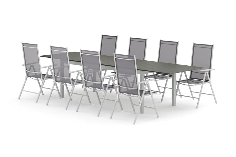 Tunis ulkokäyttöön tarkoitettu jatkettava ruokailuryhmä 205/305x90 cm, mukana 8 Maggie-asentotuolia, Valkoinen/Harmaa