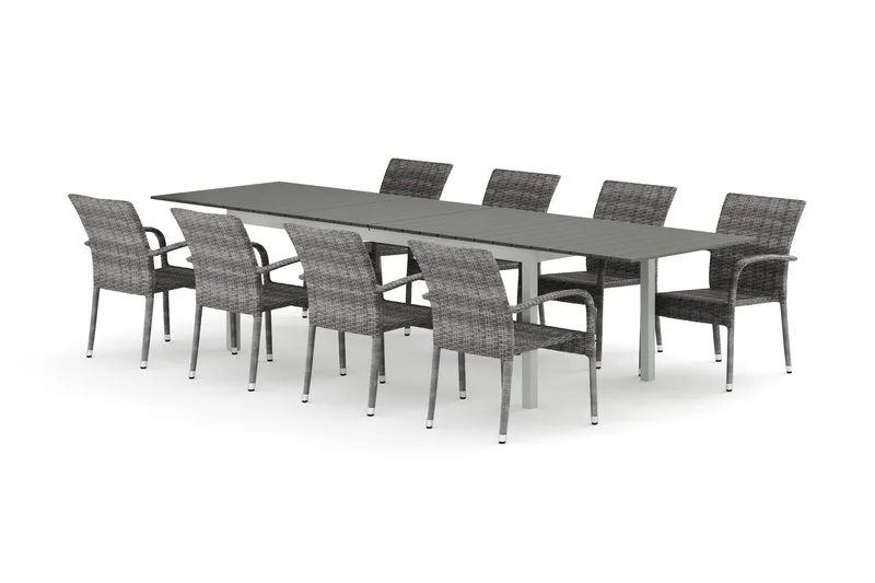 Tunis ulkokäyttöön tarkoitettu jatkettava ruokailuryhmä 205/305x90 cm, mukana 8 Thor Light -ulkonojatuolia, Valkoinen/Harmaa