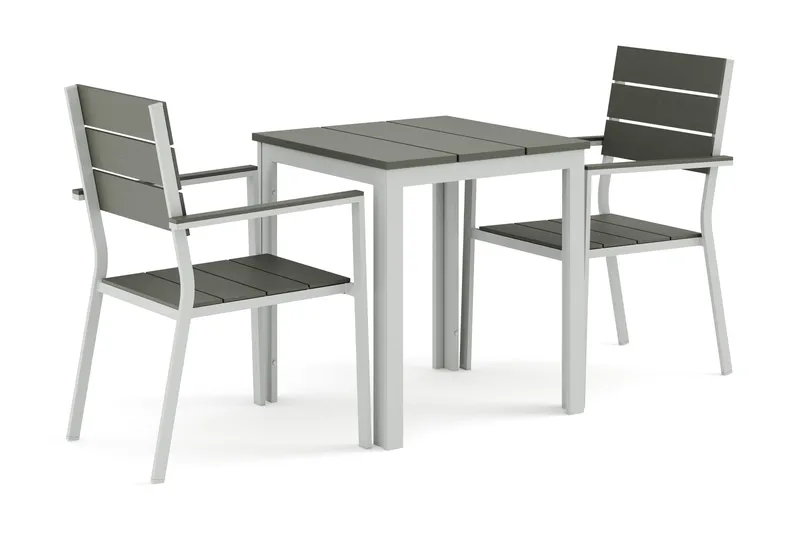 Tunis ulkokäyttöön tarkoitettu kahvilasetti 70x70 cm, 2 Tunis-pinotuolia, Valkoinen/Harmaa