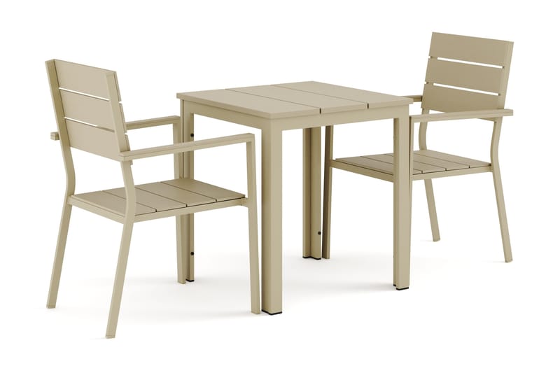 Tunis ulkokäyttöön tarkoitettu kahvilasetti 70x70 cm, mukana 2 Tunis-pinottavaa tuolia - Beige/Beige - Puutarhakalusteet - Ulkoryhmä - Ruokailuryhmät ulos