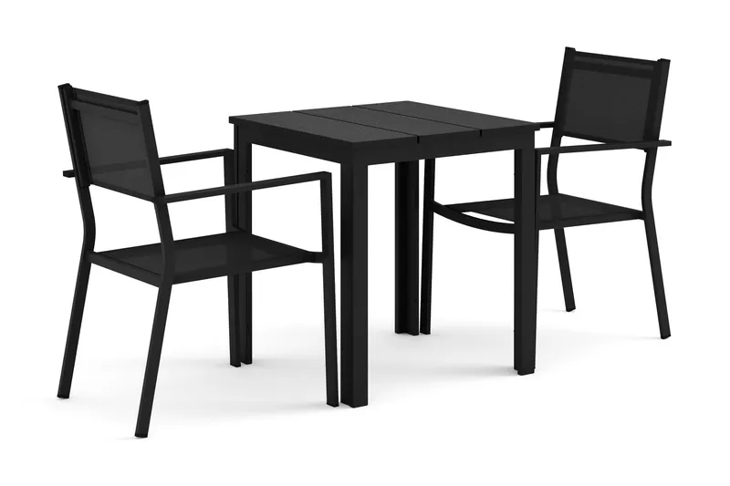 Tunis ulkokäyttöön tarkoitettu kahvilasetti 70x70 cm, mukana 2 Tunis-pinottavaa tuolia, Musta/Musta