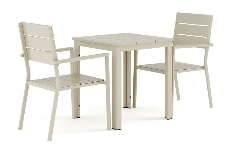 Tunis ulkokäyttöön tarkoitettu kahvilasetti 70x70 cm, mukana 2 Tunis-pinottavaa tuolia, Beige/Beige