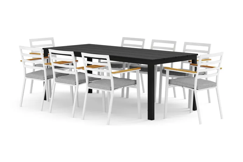 Tunis ulkokäyttöön tarkoitettu ruokailuryhmä 205x90 cm, mukana 8 Oliver-käsinojatuolia pehmusteella, Musta/Musta