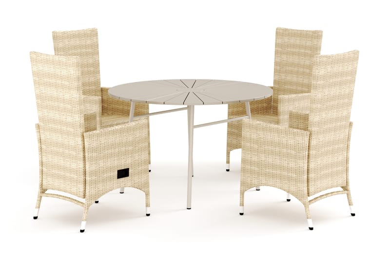 Tunis ulkokäyttöön tarkoitettu pyöreä ruokailuryhmä 120 cm, 4 Jenny-ruokatuolia, Beige/Beige