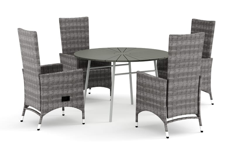 Tunis ulkokäyttöön tarkoitettu pyöreä ruokailuryhmä 120 cm, jossa 4 Jenny-ruokatuolia, Valkoinen/Harmaa
