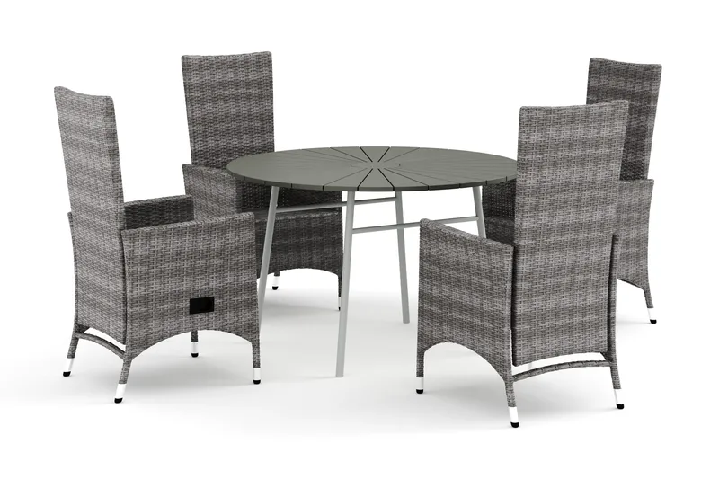 Tunis ulkokäyttöön tarkoitettu pyöreä ruokailuryhmä 120 cm, jossa 4 Jenny-ruokatuolia, Valkoinen/Harmaa