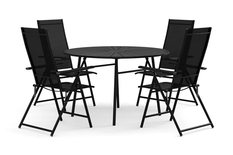 Tunis ulkokäyttöön tarkoitettu pyöreä ruokailuryhmä 120 cm, 4 Sanna-säätötuolia, Musta/Musta