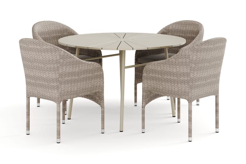 Tunis-ulkokäyttöön tarkoitettu pyöreä ruokailuryhmä 120 cm, 4 Thor-nojatuolia, Beige/Beige