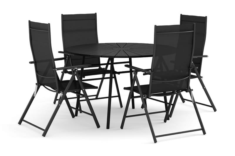 Tunis-ulkokäyttöön tarkoitettu pyöreä ruokailuryhmä 120 cm, 4 säätötuolia, Musta/Musta