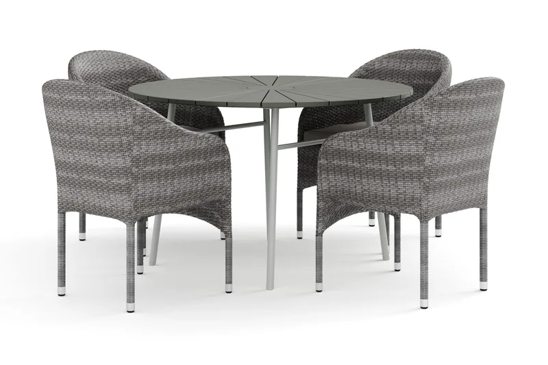 Tunis ulkokäyttöön tarkoitettu pyöreä ruokailuryhmä 120 cm, jossa 4 Thor-nojatuolia, Valkoinen/Harmaa