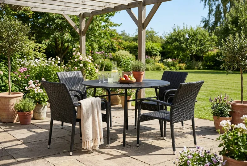 Tunis-ulkokäyttöön tarkoitettu pyöreä ruokailuryhmä 120 cm, 4 Thor Light -ulkonojaistuinta - Musta/Musta - Puutarhakalusteet - Ulkoryhmä - Ruokailuryhmät ulos