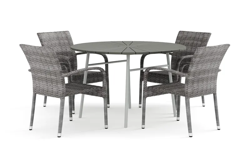 Tunis-ulkokäyttöön tarkoitettu pyöreä ruokailuryhmä 120 cm, 4 Thor Light -ulkonojaistuinta - Valkoinen/Harmaa - Puutarhakalusteet - Ulkoryhmä - Ruokailuryhmät ulos
